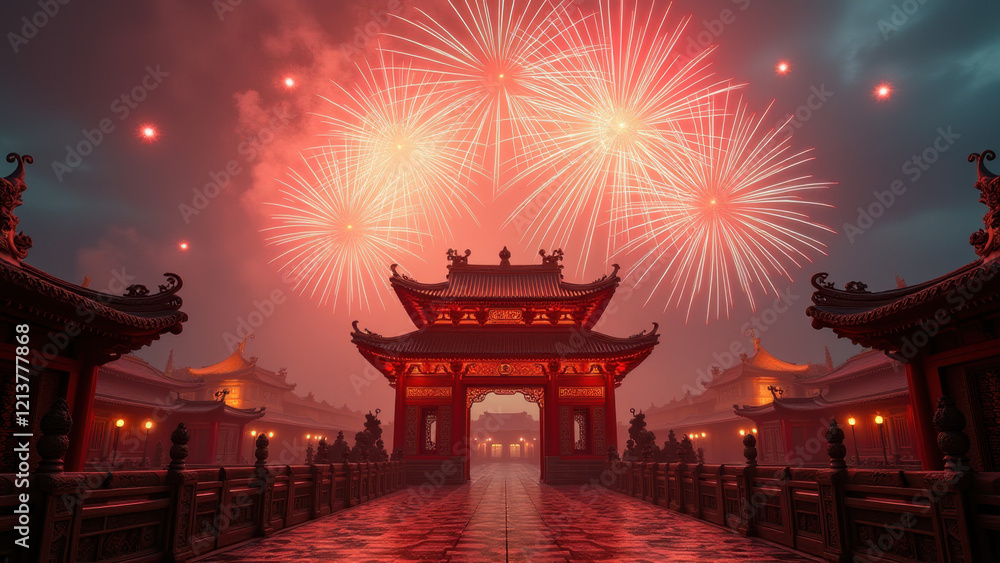 Fototapeta premium Chinese New Year Fireworks Temple Gate - Festive celebrations