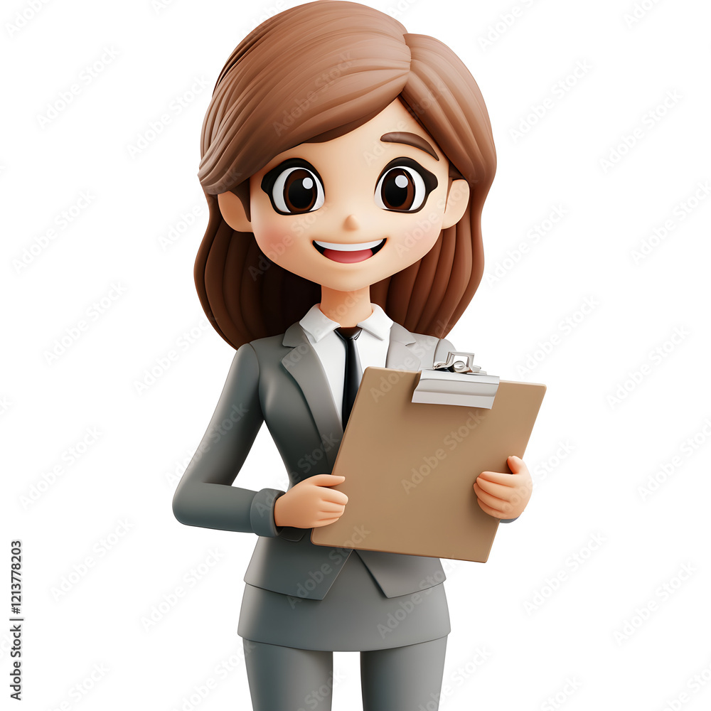 A smiling businesswoman holding a clipboard, 3D icon A smiling businesswoman holding a clipboard, 3D icon