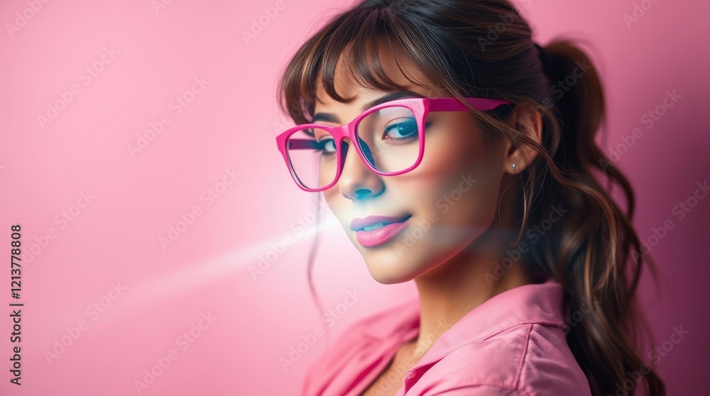 Portrait of young woman, pink background, bright blue glasses, gentle smile, soft lighting, side profile, pink sweater, curly dark hair in ponytail, vibrant Portrait of young woman, pink background, bright blue glasses, gentle smile, soft lighting, side profile, pink sweater, curly dark hair in ponytail, vibrant