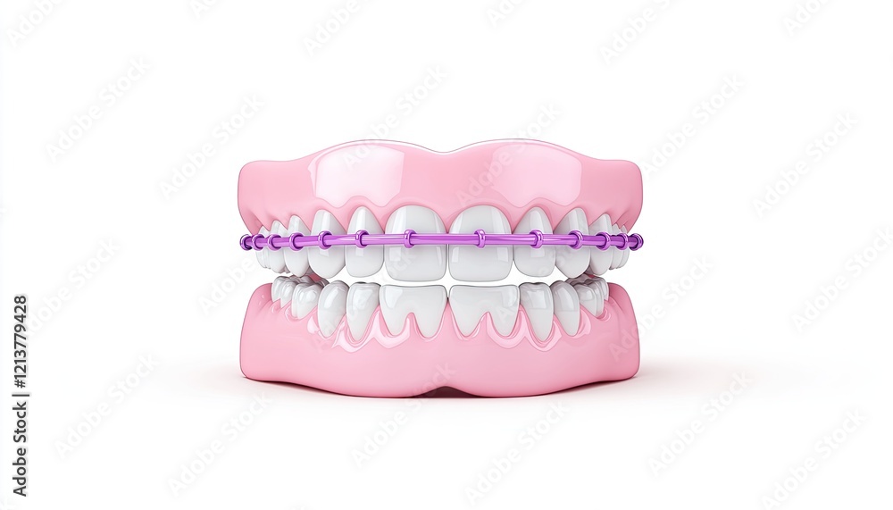 Realistic 3D model of human teeth with braces, showcasing dental care and orthodontic treatment in a clinical setting Realistic 3D model of human teeth with braces, showcasing dental care and orthodontic treatment in a clinical setting