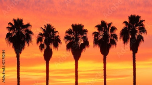 Silhouetted palm trees against a vibrant sunset sky, creating a serene and picturesque tropical atmosphere.