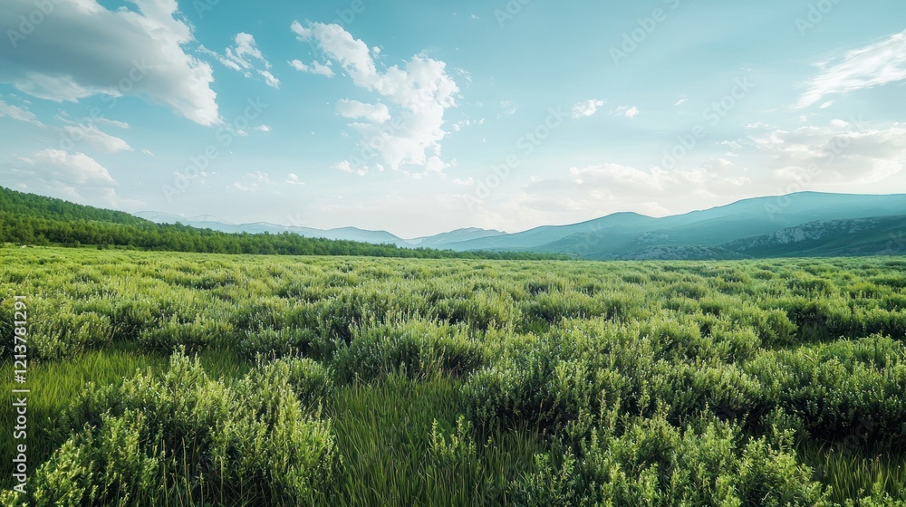 Fototapeta premium Serene Green Meadow Landscape Under a Blue Sky