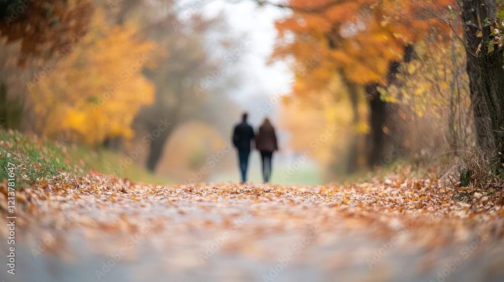 Obraz premium Blurry couple walking autumn path, leaves strewn. Perfect for blogs, websites, or designs needing a fall theme.