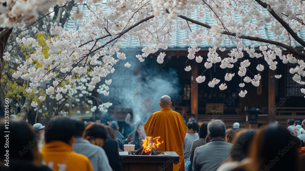 Naklejka premium Beautiful view of Higan Festival in a temple garden, a monk standing in front of a small fire altar leading prayers, Ai generated images