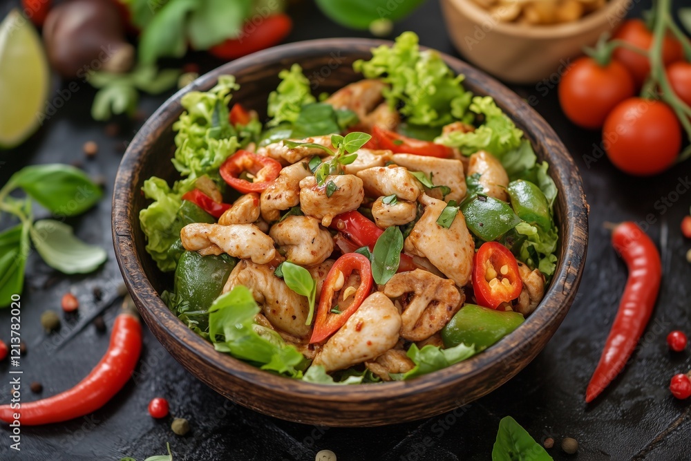 Spicy chicken salad with fresh vegetables and red chilies Spicy chicken salad with fresh vegetables and red chilies