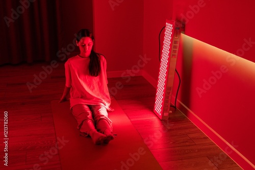 Relaxing woman illuminated by red light therapy panel photo