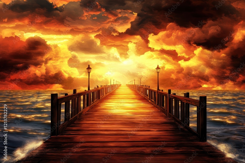 Fototapeta premium Dramatic Sunset Over Water with Pier Illuminated by Lanterns in Twilight Sky, Capturing Vibrant Colors and Serene Ambiance of Nature's Beauty