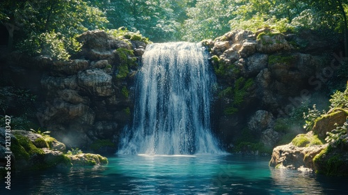 Forest Waterfall Cascade, Serenity Pool, Lush Greenscape