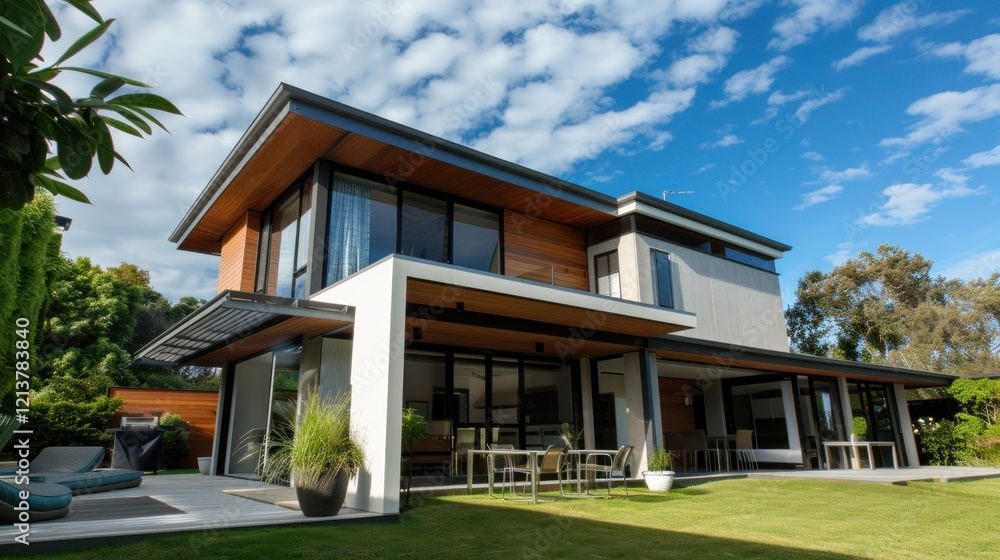 Modern house, sunny backyard, green lawn, luxury real estate