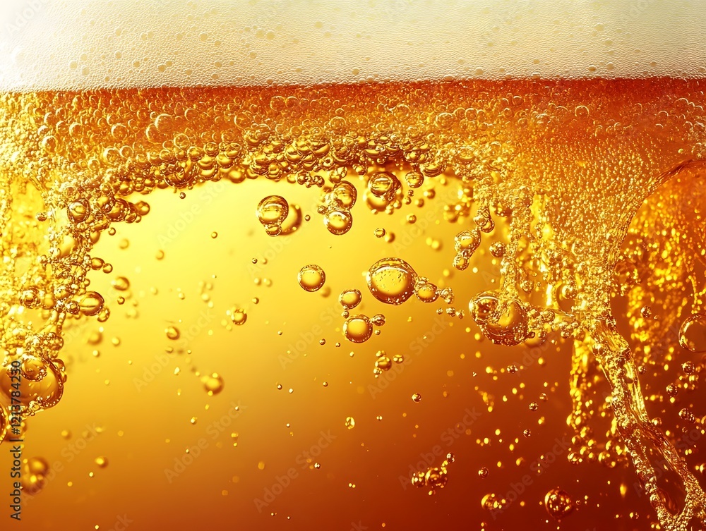 Flowing Light Beer with Carbonation Bubbles and Foam in Abstract Golden Background Flowing Light Beer with Carbonation Bubbles and Foam in Abstract Golden Background