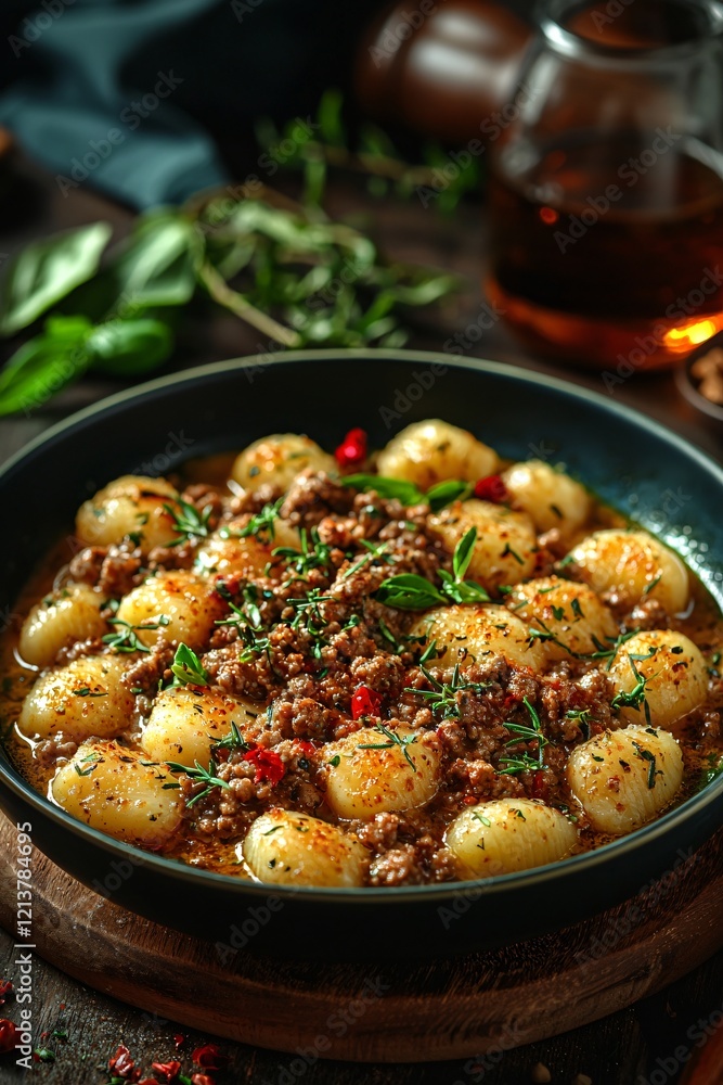 Savory gnocchi with meat sauce, herbs, rustic setting, food blog Savory gnocchi with meat sauce, herbs, rustic setting, food blog