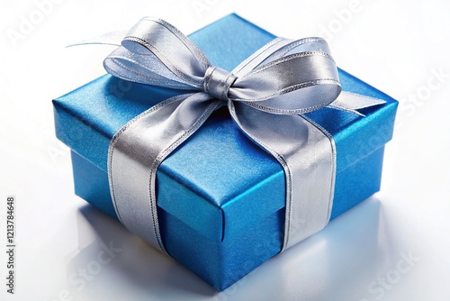 Close-up of Small Silver-Ribboned Hanukkah Gift Box on White photo