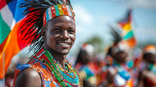 Happy man in colorful traditional African attire and headdress s photo