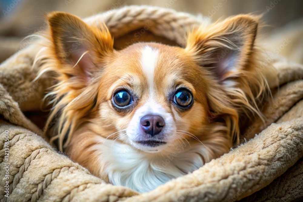 Cozy Chihuahua with Heterochromia: Warmth and Long Hair in a Blanket Cozy Chihuahua with Heterochromia: Warmth and Long Hair in a Blanket