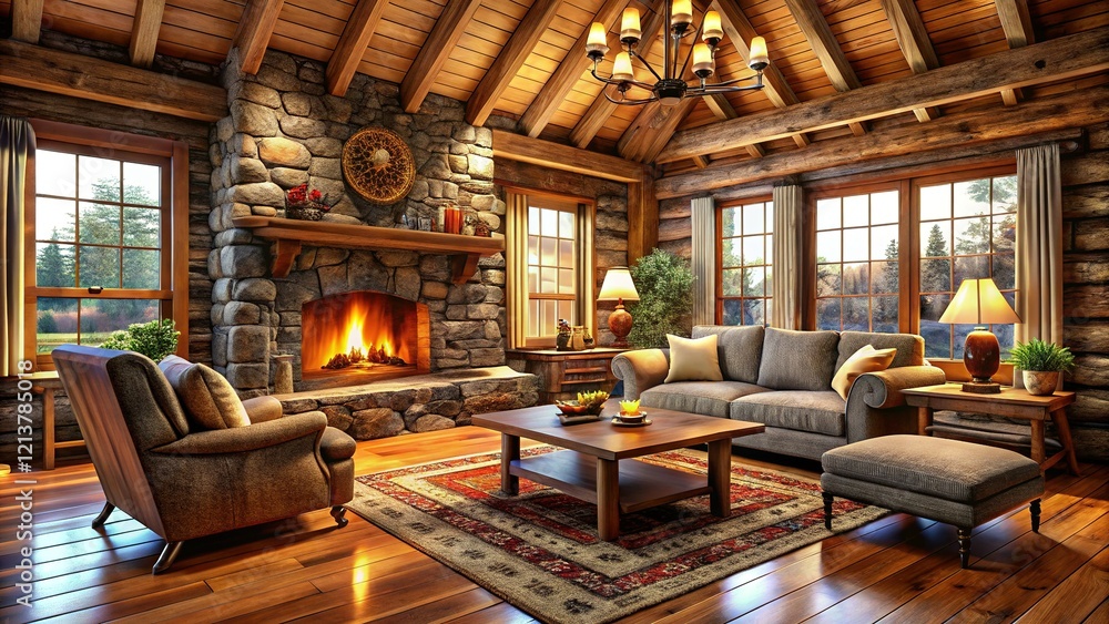 Cozy Log Cabin Interior with Fireplace: Rustic Winter Retreat Stock Photo