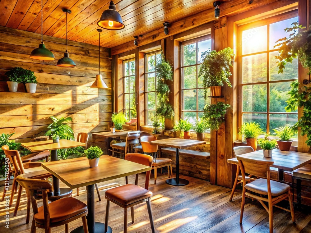 Cozy Wooden Cafe Interior with Window, Copy Space for Text Cozy Wooden Cafe Interior with Window, Copy Space for Text