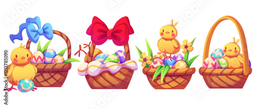 Easter baskets set with decorative elements - wicker containers with blue, red bows, painted eggs, fresh spring green grass leaves and flowers, baby chicks. Holiday collection with cute yellow chicken