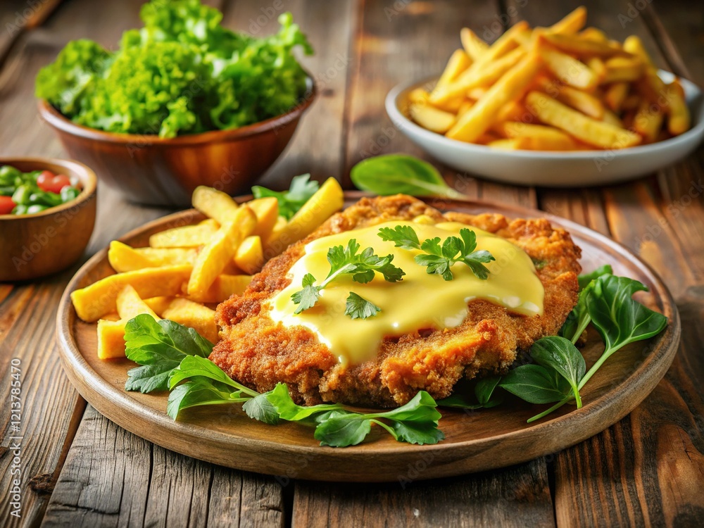 Crispy Chicken Schnitzel with Melted Cheese, Golden Fries, and Fresh Salad on Rustic Wooden Table
