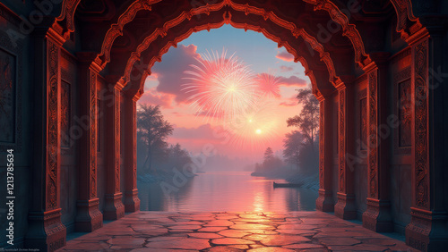 Festive Fireworks Sunset Archway - Vibrant color palettes photo