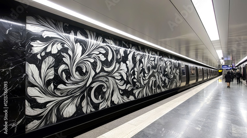 Stunning Black and White Marble Subway Art: Intricate Floral Design on Platform Wall