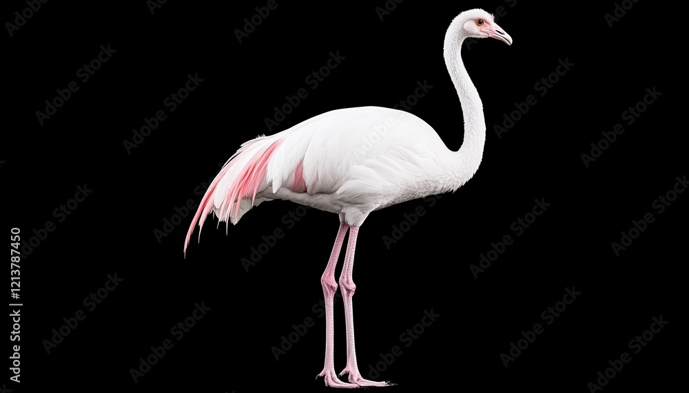 Fototapeta premium Elegant flamingo standing gracefully against a black background, showcasing its vibrant pink feathers