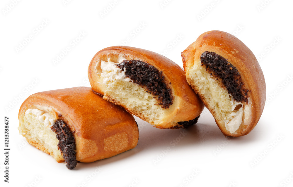 Baked pastries with cream and chocolate filling displayed on a white background Baked pastries with cream and chocolate filling displayed on a white background