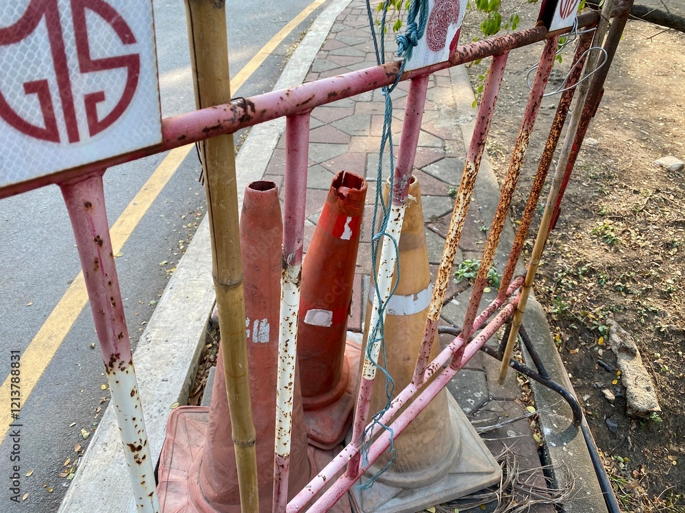 Fototapeta premium Close-up of construction barrier with warning cones near bike path in Lumphini Park, Bangkok, emphasizing park safety and maintenance.