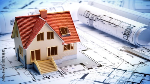 House model on blueprints, planning, design, office