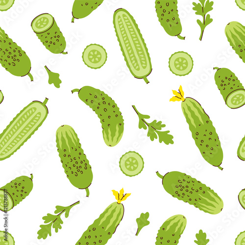 Seamless pattern with cucumbers and cucumber parts on a white background. Vector graphics.