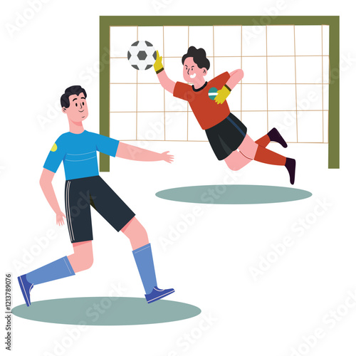 Two players in a soccer match one with a blue shirt and one with a red shirt
