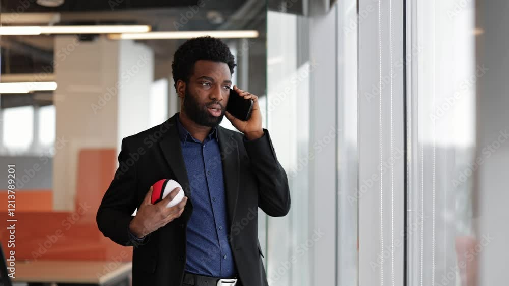 Confident businessman talking on the phone while tossing a toy in a modern office. He looks out the large window. Confident businessman talking on the phone while tossing a toy in a modern office. He looks out the large window.