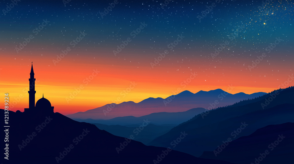 Mosque gradation banner at Sunset, silhouette of a small mosque on a hill, sky grading from bright orange to dark blue with the first stars starting to appear, Ai generated images Mosque gradation banner at Sunset, silhouette of a small mosque on a hill, sky grading from bright orange to dark blue with the first stars starting to appear, Ai generated images