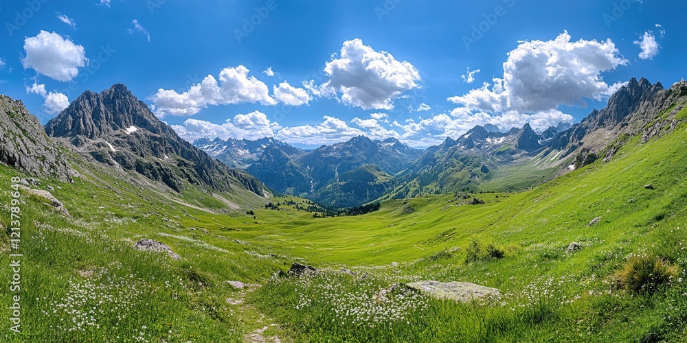 Fototapeta premium Mountain valley with green grass and white flowers under a bright blue sky with white clouds