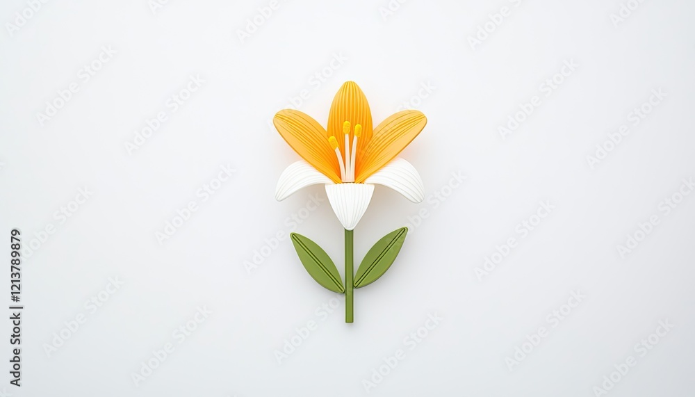Naklejka premium A vibrant, artificial lily flower with orange and white petals against a clean, white background