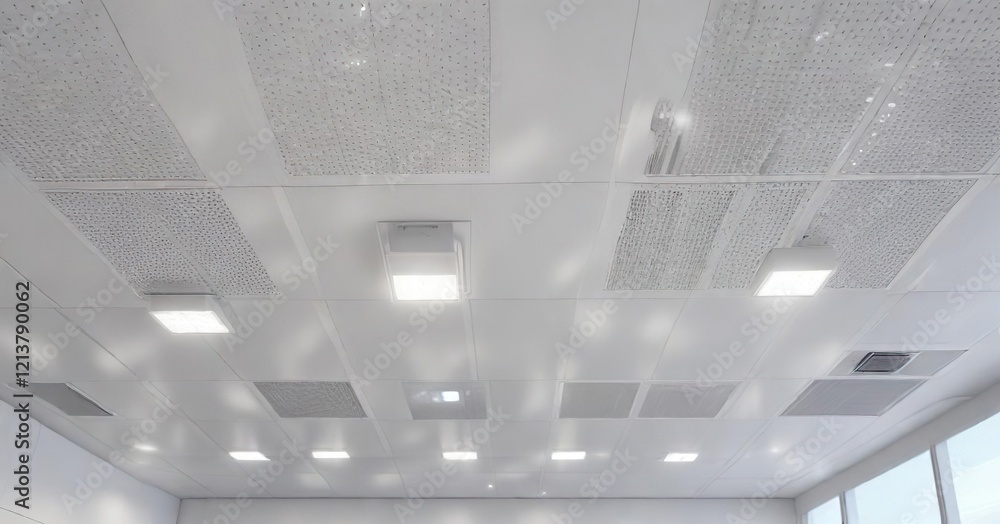 Close-up of white acoustic ceiling panels with air conditioning vents and ceiling lights, sleek, office, clean, grid system