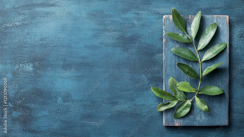 Serene Green Leaves on Rustic Blue Background Ample Copy Space Serene Green Leaves on Rustic Blue Background Ample Copy Space