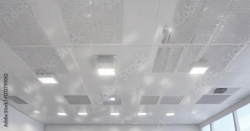 Obraz na płótnie Close-up of white acoustic ceiling panels with air conditioning vents and ceiling lights, sleek, office, clean, grid system w salonie