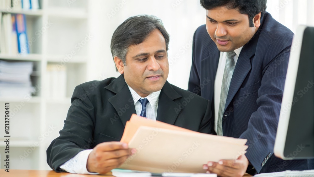 Indian HR Manager Helping Employee with Documents - An Indian HR manager assisting an employee with official paperwork or HR documents in the office.
Indian HR Manager Helping Employee with Documents - An Indian HR manager assisting an employee with official paperwork or HR documents in the office.