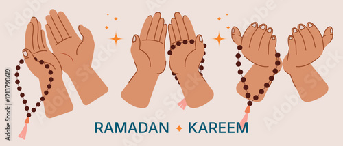 2d vector illustration hand holding rosary while praying in ramadan, ramadan kareem concept, musalim religion and traditional