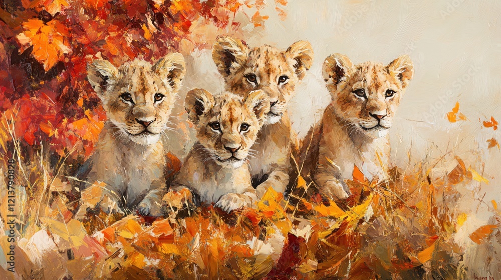 Obraz premium Four Lion Cubs Autumn Leaves Majestic Wildlife Painting