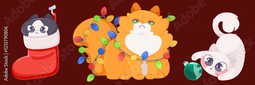 Christmas kittens set with festive holiday elements - black cat in red stocking, ginger furry pet tangled in lights string, white playful feline with green bauble. Cute animals for seasonal design.