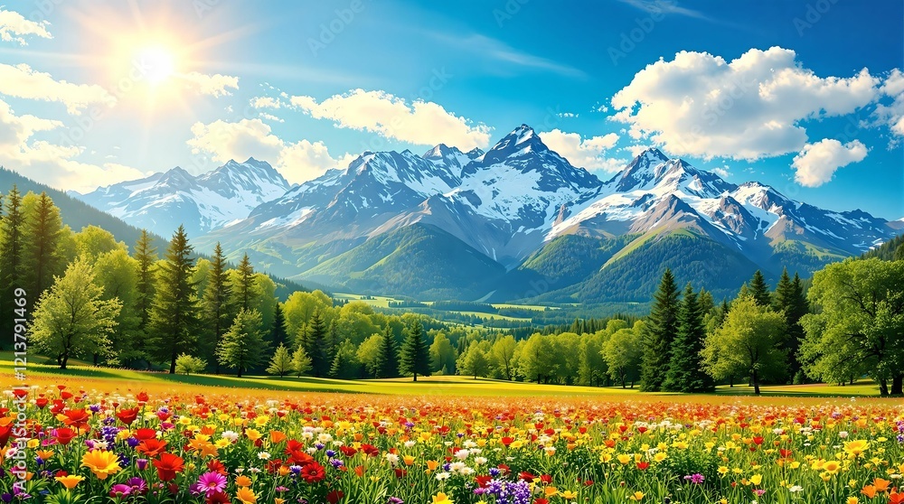 A vibrant alpine meadow in full bloom, framed by lush green forests and majestic snow-capped mountains under a sunny blue sky.