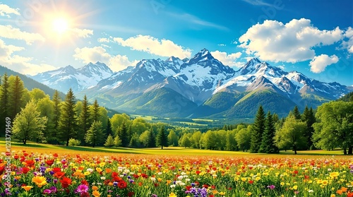 Obraz na płótnie A vibrant alpine meadow in full bloom, framed by lush green forests and majestic snow-capped mountains under a sunny blue sky. w salonie