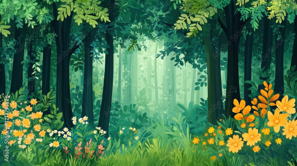 Fototapeta premium Enchanting Forest Path Lush Greenery Vibrant Blooms
