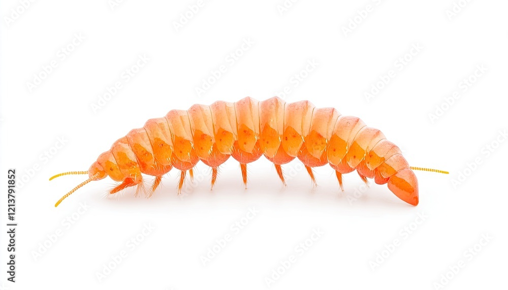 Close-up of a vibrant orange insect-like creature on a white background, showcasing its body structure Close-up of a vibrant orange insect-like creature on a white background, showcasing its body structure