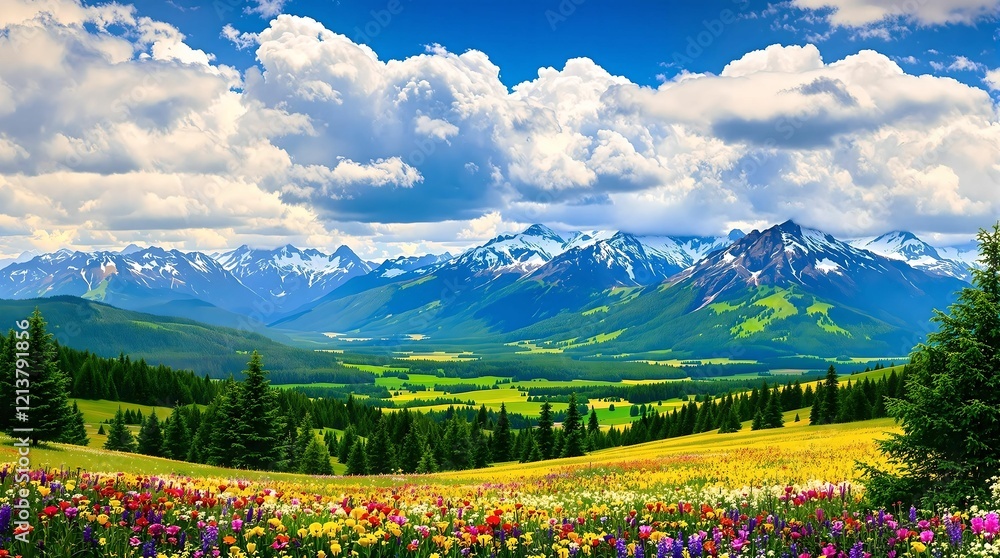 A vast and colorful alpine meadow stretches towards majestic snow-capped mountains, under a dynamic sky filled with fluffy clouds.