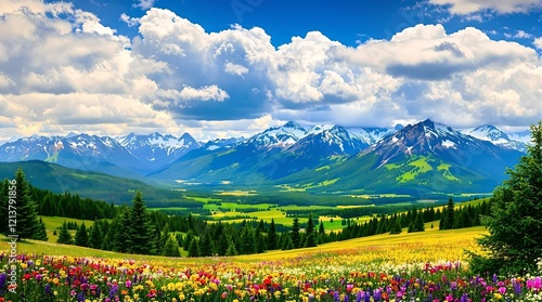 Obraz na płótnie A vast and colorful alpine meadow stretches towards majestic snow-capped mountains, under a dynamic sky filled with fluffy clouds. w salonie