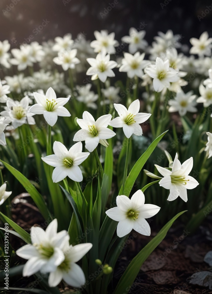 White star-shaped blossoms of ornithogalum standing out in a dimly-lit setting, growth, light, contrast White star-shaped blossoms of ornithogalum standing out in a dimly-lit setting, growth, light, contrast