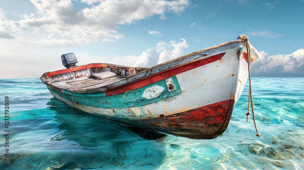 Obraz premium Weathered Fishing Boat in Calm Turquoise Waters Under a Partly Cloudy Sky