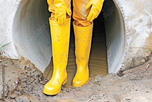 A person in yellow rubber boots stands at the entrance of a concrete pipe, surrounded by muddy terrain. photo